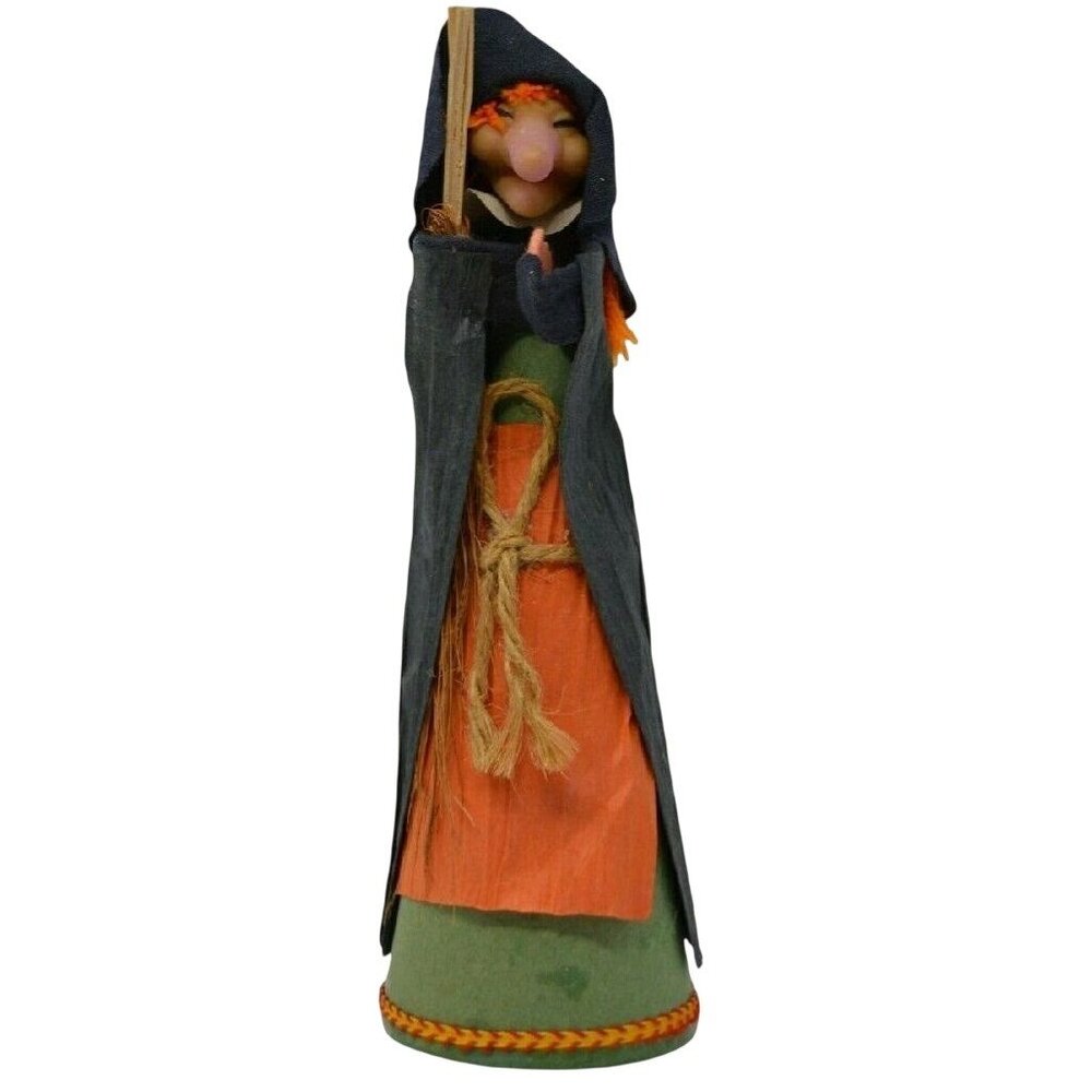 Vintage Halloween Witch Figurine w/ Broom Black Crepe Paper &‎ Felt German Style